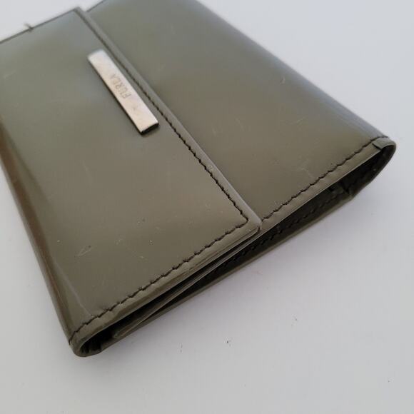 Furla Italian Trifold Wallet Medium Patent Leather Olive Green Compact Logo - Picture 12 of 14